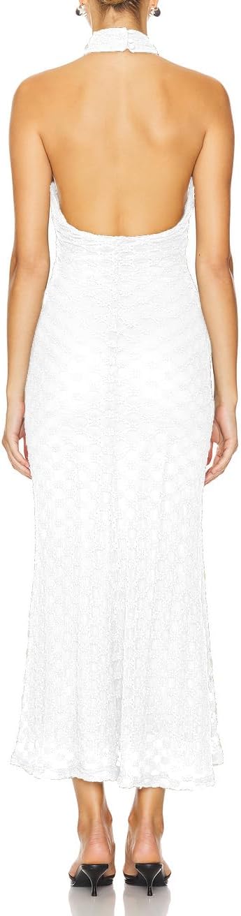 Women's Elegant Halter Neck Floral Lace Mermaid Maxi Dress Evening Dresses